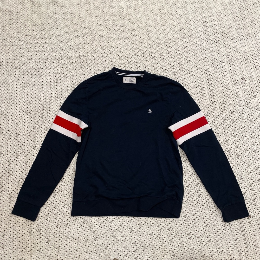 Original Penguin Navy Crewneck Sweater with Red & White Arm Stripes